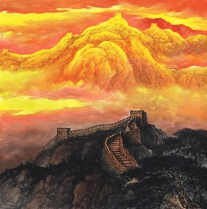 手绘真迹四尺斗方客厅餐厅写意金色长城金山招财山水画名人字画