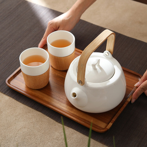茶具套装原木茶杯防烫一壶两杯提梁陶瓷水壶原木盘时尚家居泡茶器