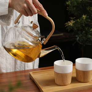 大容量煮茶壶木质提手可干烧花茶壶玻璃耐高温茶具配竹盘防烫木杯