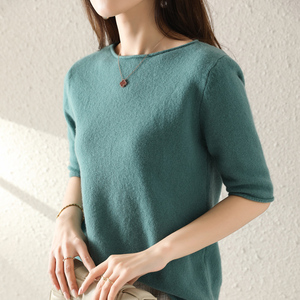 21春季新款羊毛短袖针织衫女五分袖卷边圆领宽松短款百搭半袖t恤