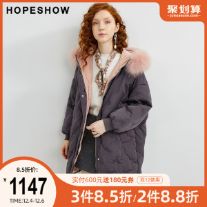 hopeshow羽绒服红袖冬季新款女装撞色狐狸大毛领连帽中长外套