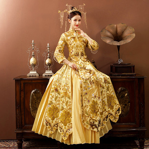 秀禾服新娘2022年新款高端金黄色结婚敬酒礼服嫁衣婚纱盘金绣奢华