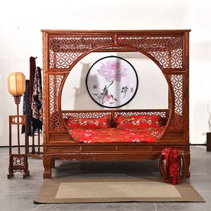 新中式实木雕花架子床双月洞床婚床传统卯榫民宿酒店主卧1.8米2米