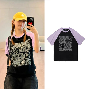 姜涩琪同款甜酷风印花短袖夏季T恤衫拼接色设计小众女ins外穿上衣