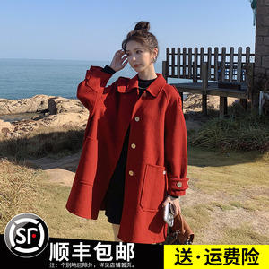 2023秋冬新款红色毛呢外套女韩系氛围感宽松小个子中长款呢子大衣