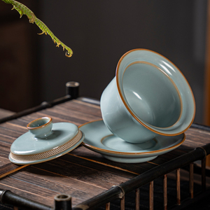 天青汝窑360度环形出水三才盖碗全瓷过滤泡茶碗防烫手单个泡茶器