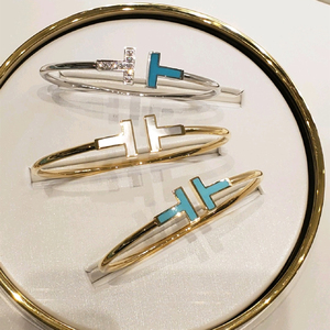 巴黎代购tiffany/蒂芙尼经典双t手镯 18k玫瑰金 镶钻线圈开口手环