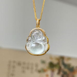 一云翡翠 茅台白玻璃种18k黄金色翡翠佛公玉佛吊坠镶嵌款式参考