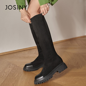 卓诗尼绒面长靴女2023秋冬新款马丁靴英伦风长筒靴圆头厚底骑士靴