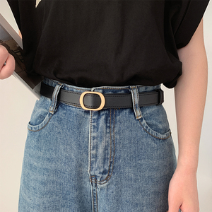 韩版新款无孔皮带复古风椭圆金色扣头女款腰带学生宽裤带配牛仔裤