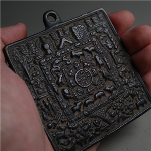 少见西藏精工青铜朝天吼款大号方形九宫八卦牌吊坠家居庭院挂件