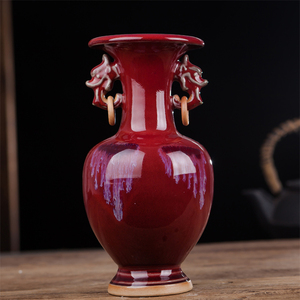 景德镇陶瓷器 仿古钧瓷郎红双耳小花瓶 客厅中式博古架工艺品摆件