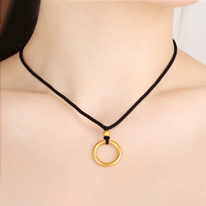 黄金吊坠女999足金古法素圈2021年新款黑绳项链纯金转运珠锁骨链