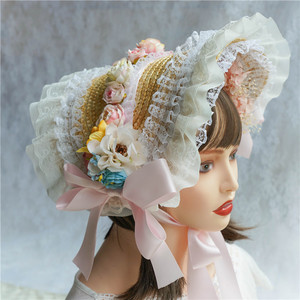 茶会洋装lolita帽子波奈特扁帽森系清新洛丽塔bb蕾丝花朵草帽软妹