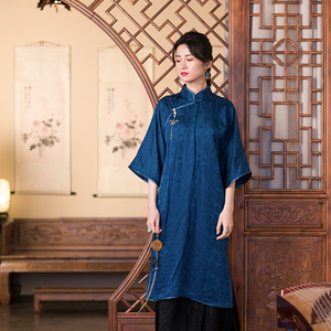 pcy536买二免一孔雀翎春秋民国平裁通袖旗袍中式连衣裙茶服女