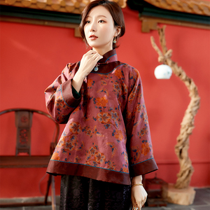 pcy1144真丝花罗香云纱古法裁剪大襟镶边衬衣外套明清风格上衣女