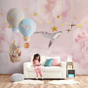 3d儿童房蓝色背景墙壁纸壁布男孩女孩墙纸卧室墙布ins风粉色壁画