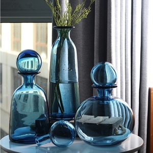 现代几何纯手工玻璃花瓶透明彩色圆球带盖储物罐小口家居软装摆件