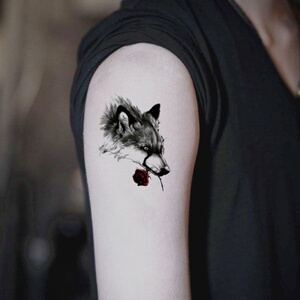 手背虎口狼头玫瑰胸前纹身贴防水持久男女逼真花臂胸部黑白狼图腾