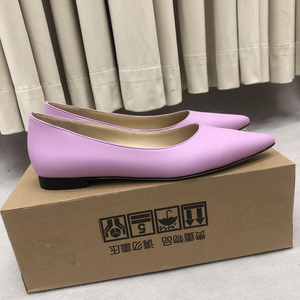 浅紫色尖头平底鞋女真皮欧美风气质瓢鞋高级感舒适低跟单鞋浅口
