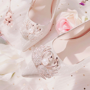 天鹅高跟鞋女2021年新款细跟水晶鞋婚鞋新娘鞋女伴娘鞋晚礼鞋