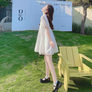 白色小个子连衣裙女夏季韩版宽松法式高级感可甜可盐娃娃领公主裙