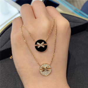 chaumet/尚美巴黎 liens圆缘交叉项链 18k玫瑰金白贝母镶钻锁骨链