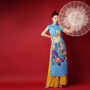 中国风式高档晚礼服长款奥黛旗袍裙模特团体走秀舞台演出服气质夏