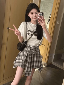 夏季套装韩版字母印花短袖T恤撞色格纹裙裤两件套夏季时尚套装女