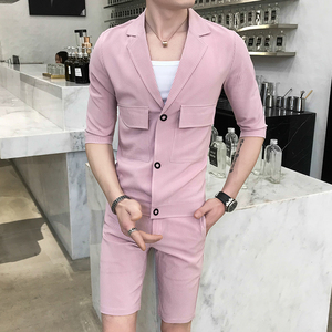 男士时尚休闲短袖套装韩版修身青年五分中袖西装两件套五分短裤潮