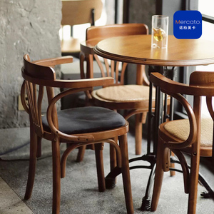 复古美式咖啡厅桌椅组合酒吧清吧实木餐椅工业风圆桌一桌两椅商用