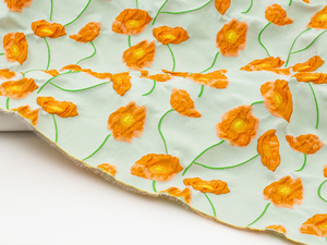 虞美人～微廓油画 浅绿色+橙色浮雕化纤艺术提花布料旗袍包包面料