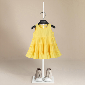 夏装新款伯米吉女童黄色无袖连衣裙宝宝吊带裙背心纯棉洋气蛋糕裙