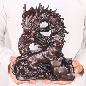 黑檀木盘龙卧虎摆件老板领导办公室桌面木雕龙乔迁新房木龙装饰