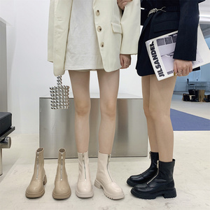 粗跟炸街小短靴女鞋子2021新款春秋单靴卡其色中筒厚底瘦瘦马丁靴