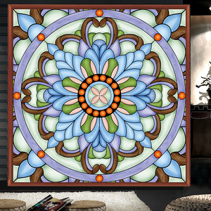 欧式彩色复古教堂彩绘艺术静电磨砂玻璃贴膜衣柜卫生间窗户贴纸