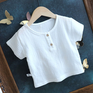 婴儿夏季短袖T恤洋气韩版儿童宝宝棉麻白色半袖上衣打底简约1648