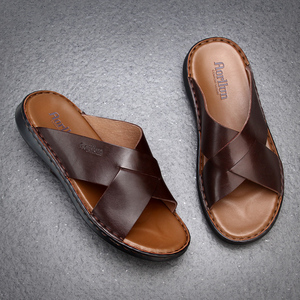 夏季拖鞋男真皮外穿简约舒适软底全牛皮凉拖鞋手工缝线男士皮拖鞋