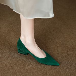 法式尖头绿色单鞋女真皮小皮鞋羊反绒低跟平底鞋软皮工作鞋墨绿色