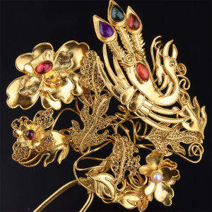镶金堂银鎏金凤穿牡丹发簪花丝镶嵌高端天然红宝石天然珍珠仿点翠