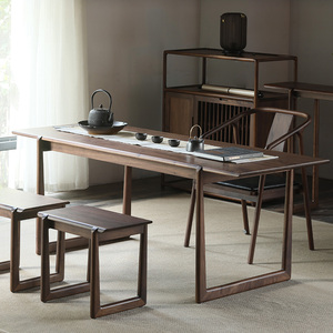 知味茶桌/新中式茶桌椅凳组合黑胡桃实木禅意家具现代简约泡茶桌