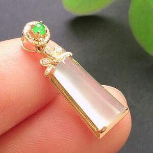 仁仁淘18k金带钻石镶嵌冰种天然翡翠a货平安无事柱吊坠挂件玉石