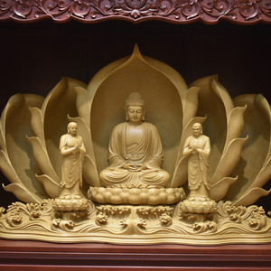 木雕佛像一佛两弟子释迦牟尼接引佛药师佛三宝佛摆件阿难迦叶尊者