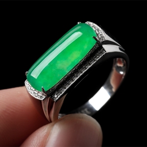 缅甸冰种帝王绿满绿翡翠戒指男士马鞍戒面玉镶嵌翡翠男款戒指扳指