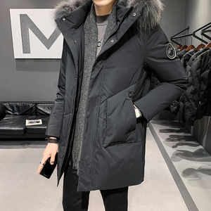 韩版羽绒服男中长款宽松加厚2022冬季新款连帽中年羽绒外套派克服