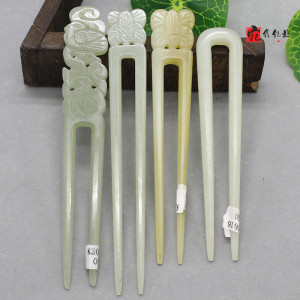 和田玉双簪青白玉祥云玉簪双发钗仿古蝴蝶u形三插发簪玉石双杆 女