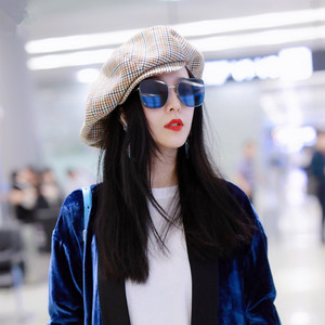 高端范冰冰抖音机场同款女秋冬超大黄色格子英伦复古八角贝雷帽潮