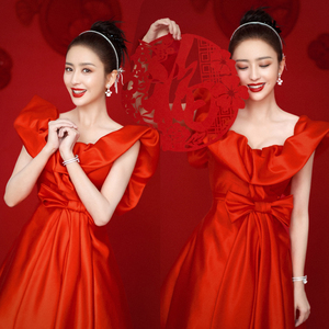 美欧2021春节联欢晚会佟丽娅同款红色新娘晚礼服成人礼敬酒服鱼尾