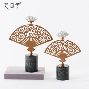 新中式客厅铁艺扇子摆件样板房办公室进门玄关柜摆设家居软装饰品