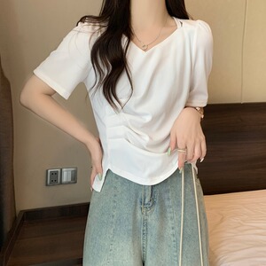 大码胖mm2024夏季新款女装韩系设计感小众纯色折皱短袖T恤上衣潮